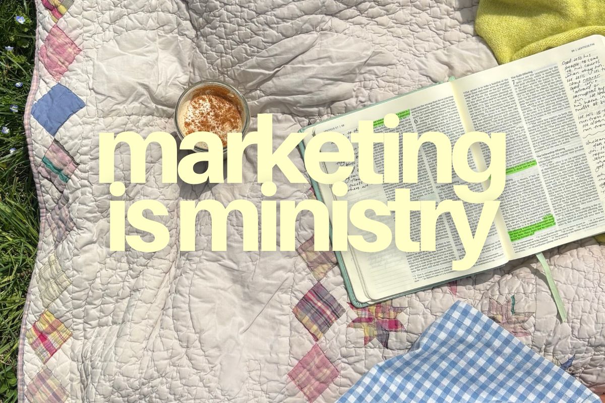 An open Bible and a cup of coffee on a quilt outdoors, with the words marketing is ministry overlaid.